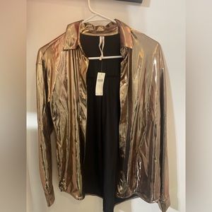 NEW W/ Tags Anthropologie bronze metallic button down long sleeve blouse size M